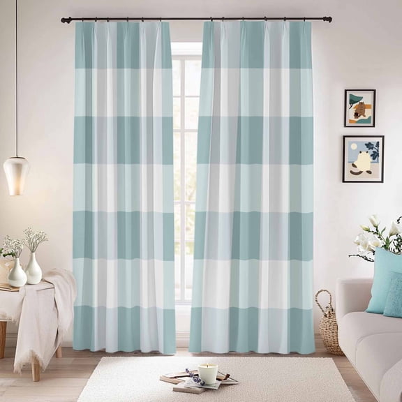 Aqua Plaid Blackout Curtains for Bedroom/Living Room, Pinch Pleated Black Out Curtains, Spring Summer Farmhouse Buffalo Checkered Room Darkening Window Drapes with Hooks 2 Panels, 59"x70"
