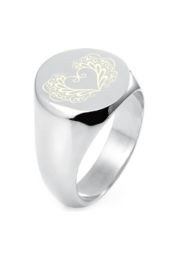 Sterling Silver Floral Filigree Heart Engraved Round Flat Top Polished Ring
