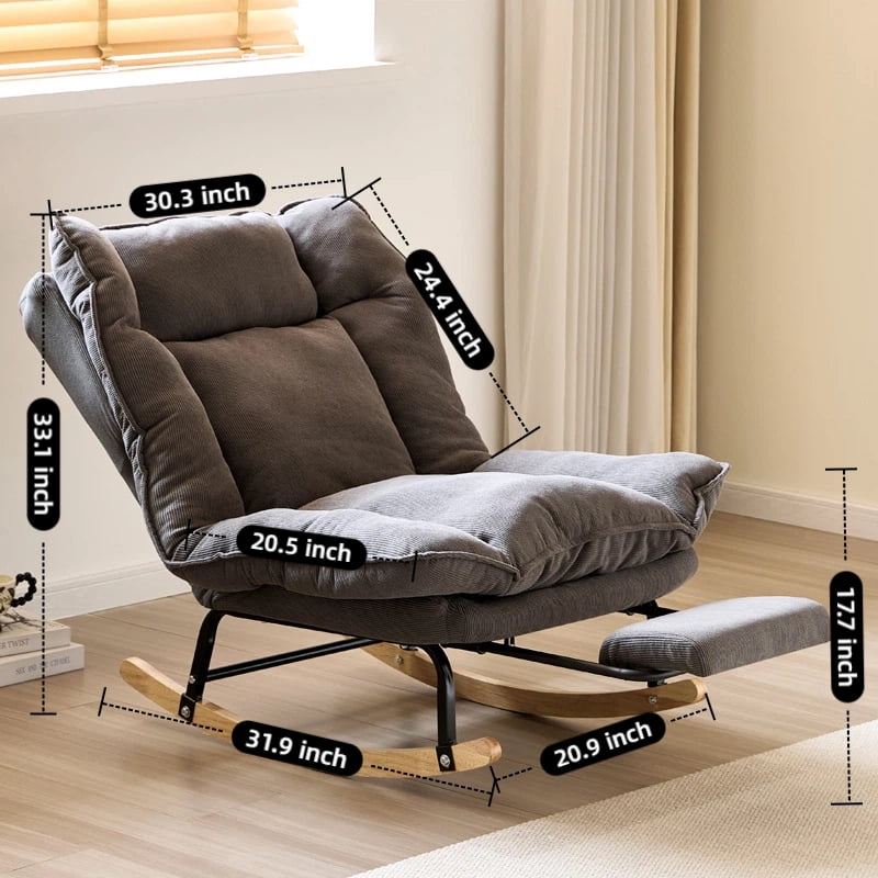 Keerffo Nursery Rocking Chair with Footrest,Corduroy Upholstered Lazy Recliner Lounge Chair, Single Sofa for Living Room, Rubber Wood Legs