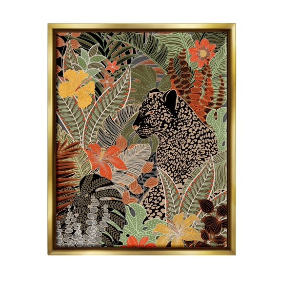 Stupell Industries Leopard in Jungle Pattern Animals & Insects Painting Gold Floater Framed Art Print Wall Art, 25 x 31