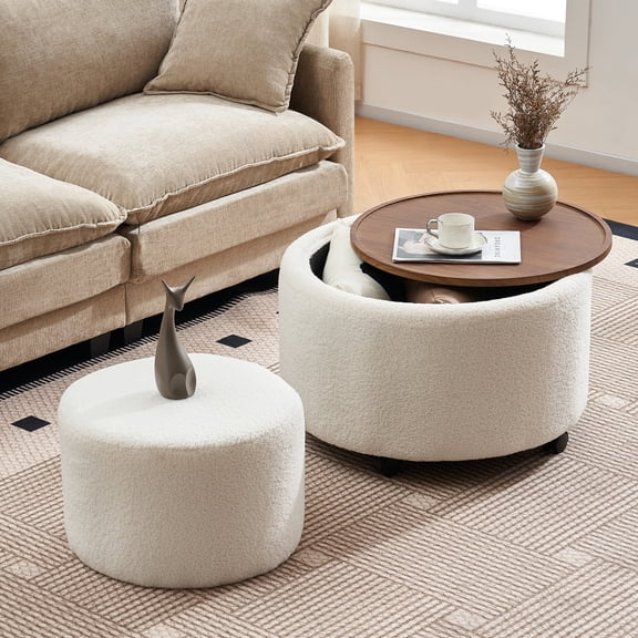 28" Round Storage Ottoman Set of 2 with Wheels, Solid Wood Removable Lid, Multifunctional Foot Rest & Coffee Table for Living Room Bedroom, Beige