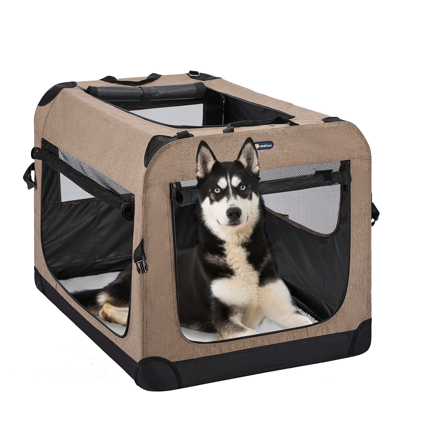 Picture of Veehoo Folding Soft Dog Crate, 3-Door Pet Kennel, 600D Cationic Oxford ...