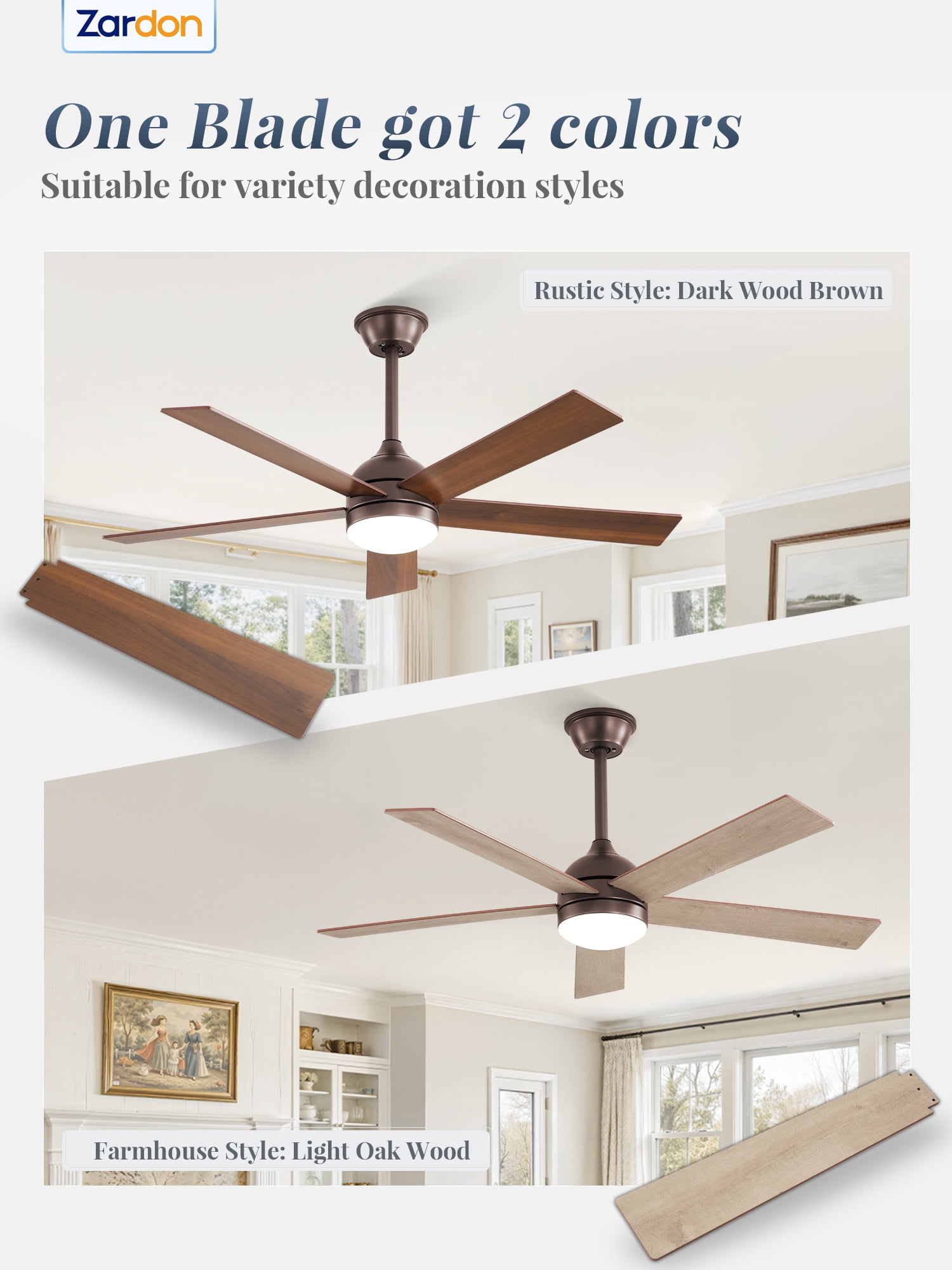 Zardon 48in Ceiling Fans with Light and Remote Control, Modern Flush Mount Ceiling Fans with 6-Speed for Indoor, Outdoor, Brown