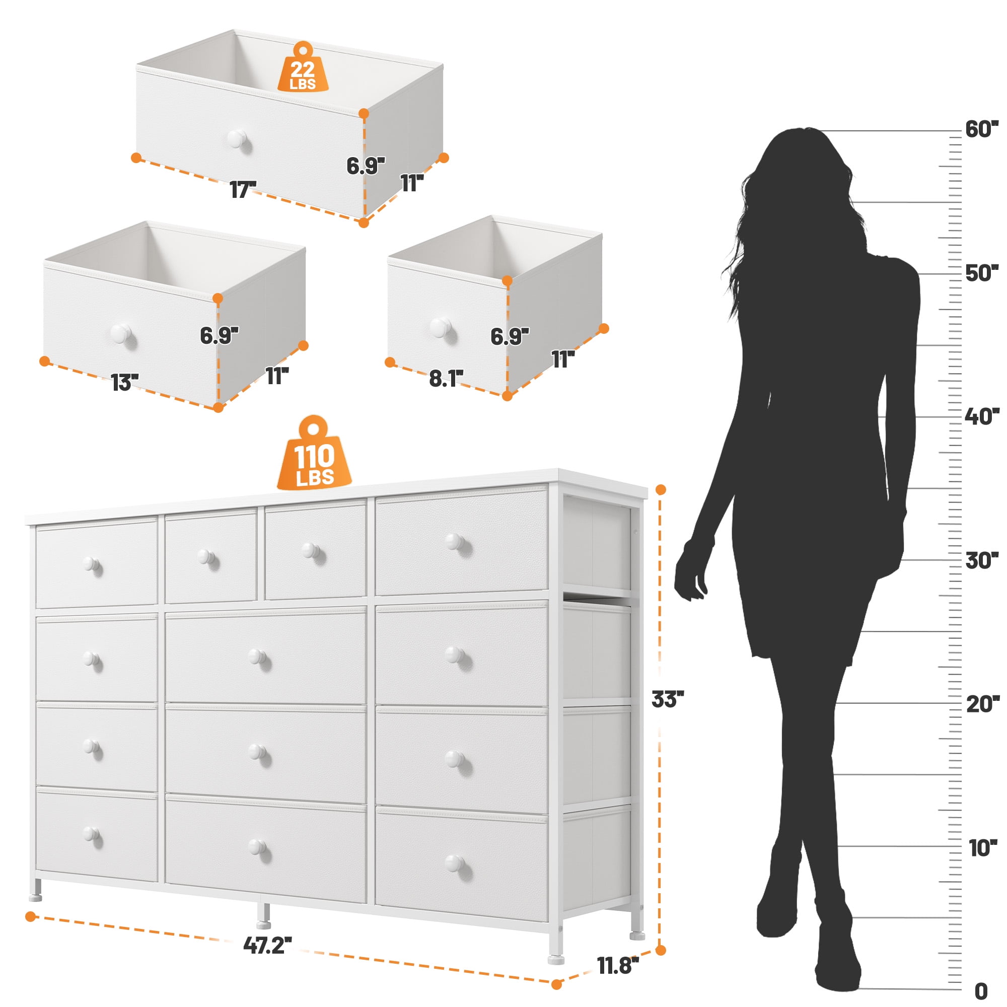 White Dresser for Bedroom TV Stand with 13 Drawers for for 55" TV, Fabric Wide Dresser for Living Room