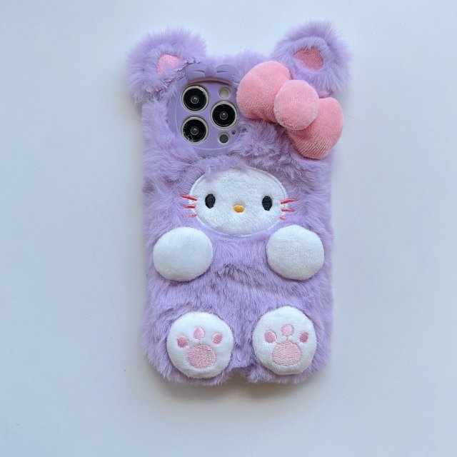 Popular en invierno, funda de teléfono de felpa con diseño de gato Hello Cute Kitty de dibujos animados a prueba de congelación para iphone 13 14 15 plus/pro/pro max