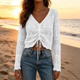 thumbnail image 5 of Ke1Clo Summer Tops for Women Boho Knitted Hollow Out V Neck Long Sleeve Tie Front Shirt Casual Loose Crop Beach Cover Up White Free Size, 5 of 7