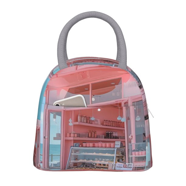 Fotbe Pastel Pink Beach Cafe Bolsa de Almuerzo con Estampado, Lonchera Aislada, Contenedor de Comida Reutilizable Tipo Cooler a Prueba de Fugas