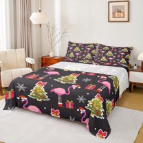 Manfei 3-Piece Christmas Festival Sheet Set, Twin - Green Tree & Flamingo