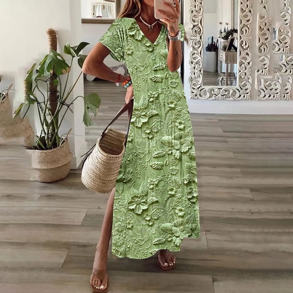 Yotami Short Sleeve V-Neck Dress for Women Plus Size Side Slit Maxi Dress Floral Print Summer Dress for Everyday