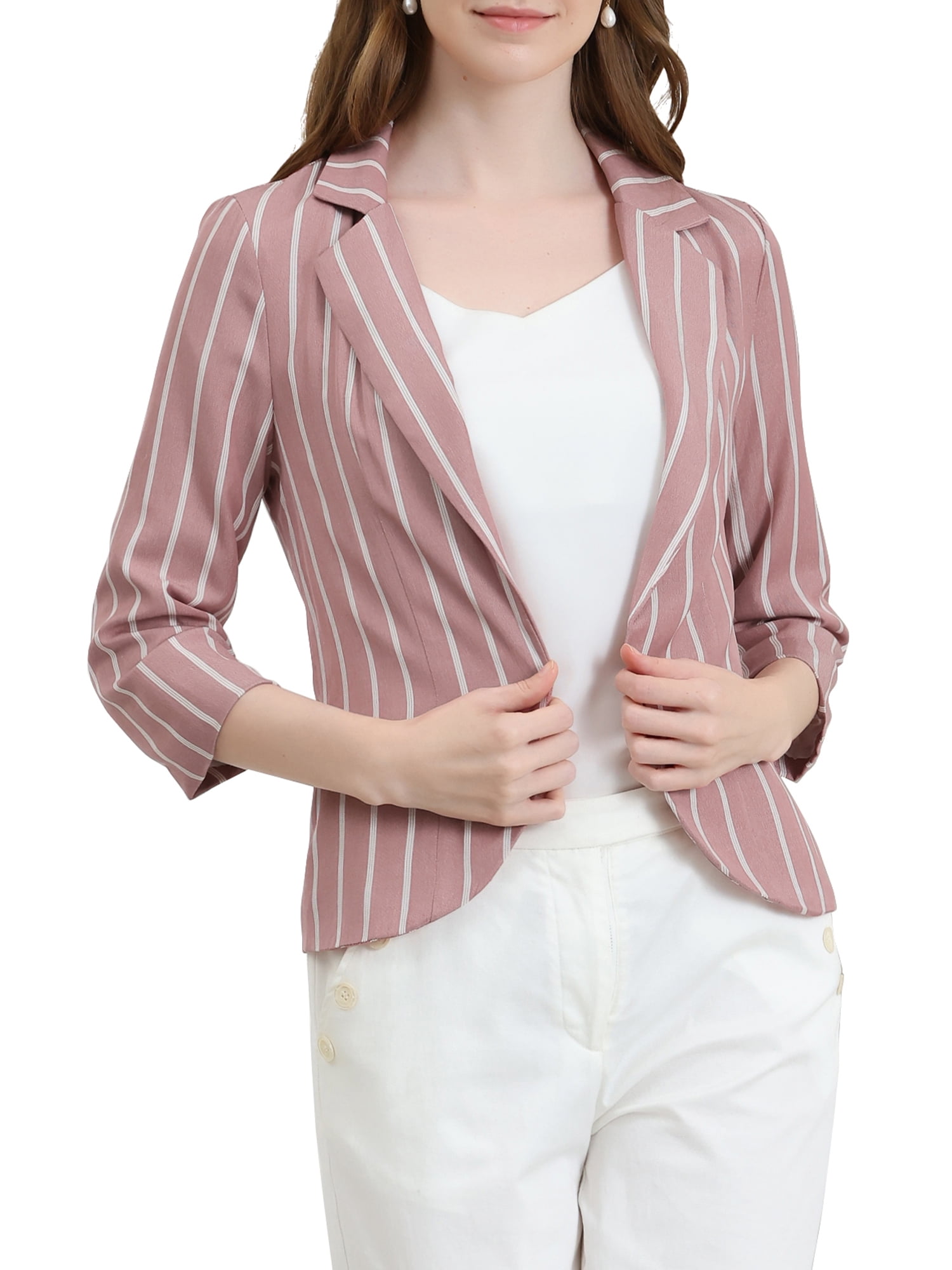 DARING DIVA Women's Striped Open Front Notched Lapel Blazer M Dark Pink