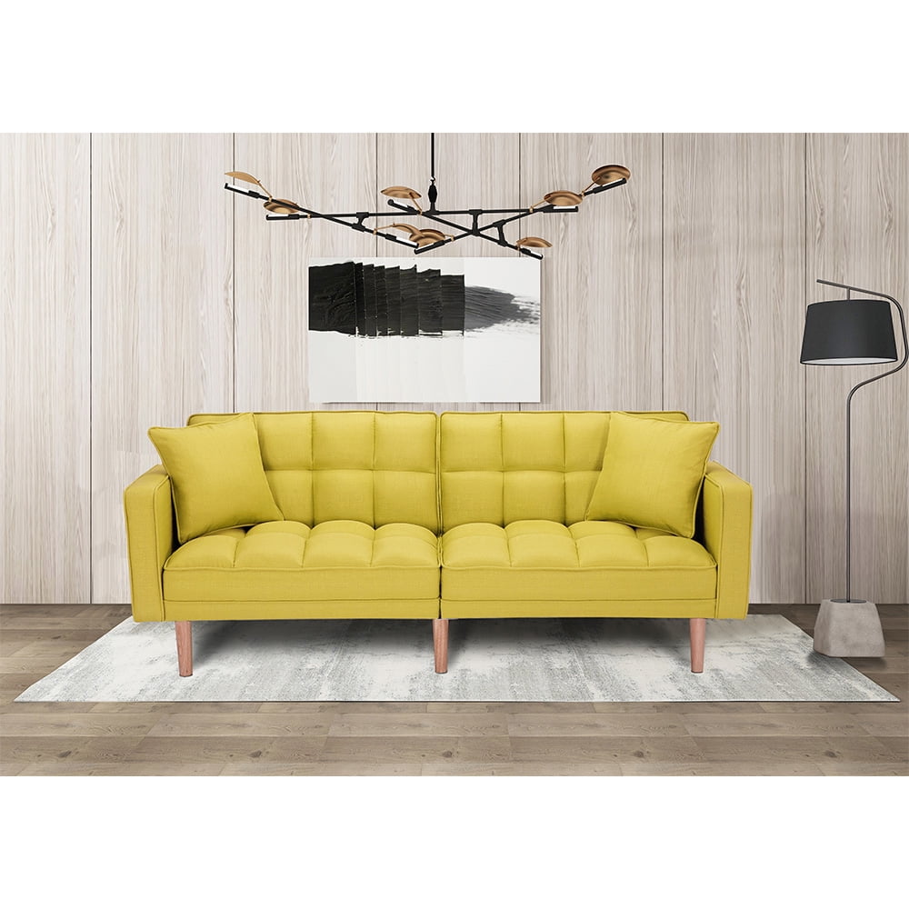 Kepooman Modern Futon Sofa Bed With 2 Pillows for Small Spaces Living Room Bedroom, Yellow Kepooman Modern Futon Sofa Bed With 2 Pillows for Small Spaces Living Room Bedroom, Yellow
