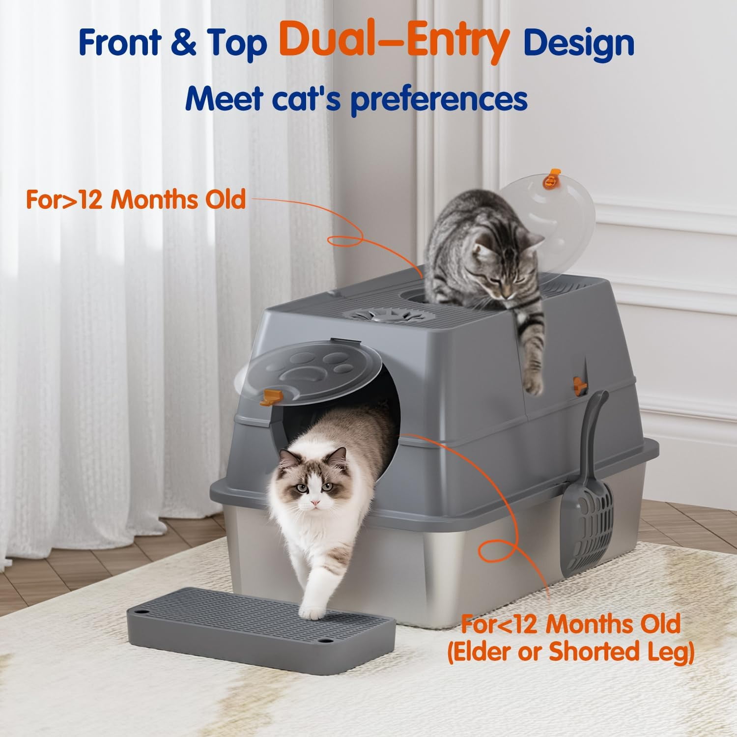Stainless Steel Litter Box with Lid, XL Extra Large Cat Litter Box Enclosure, Front & Top Entry Covered Metal Cat Box with Steps & Scoop, Easy Cleaning