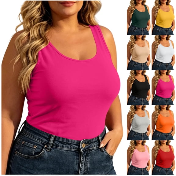 JOANKDMI Plus Size Tank Tops for Women Sleeveless Summer Scoop Neck Wide Strap Loose Fit Tunic Autumn Casual Vacation Layering Piece Wear,Red,L-5XL