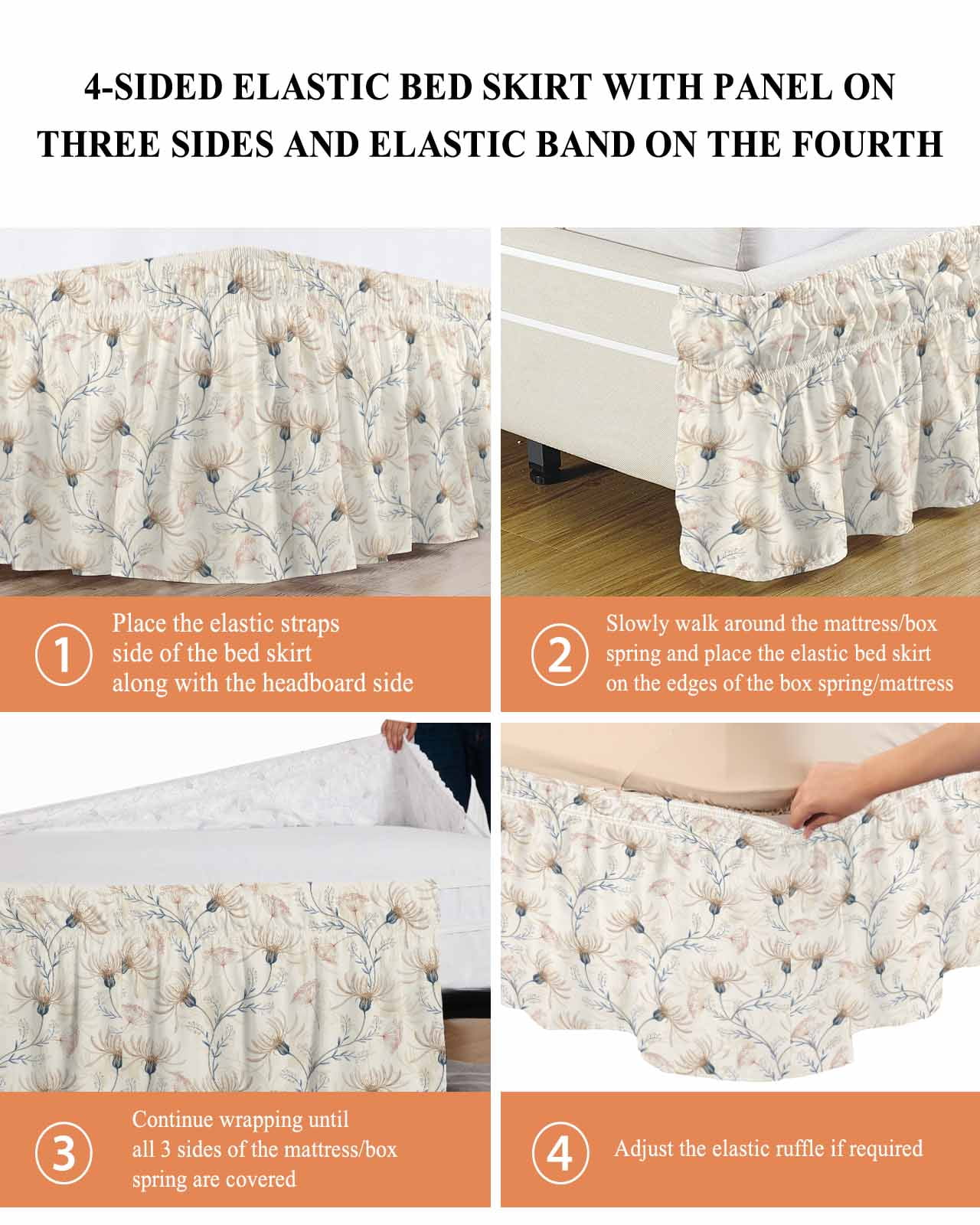 Beige Flowers Wrap Around Bed Skirts for California King Bed 18" Drop,Bed Skirt with Adjustable Elastic Belt Dust Ruffle Bed Valance for Bedroom Watercolor Farmhouse Botanical Floral Bed Frame Cover