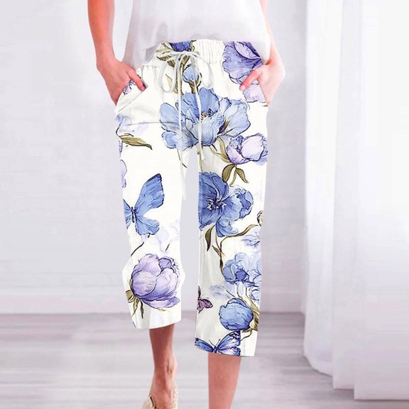 Women's Capris With Pockets Flowers Clearance Under $10 Gradient Printed Loose Fashionable Drawstring Pants Cropped Pants