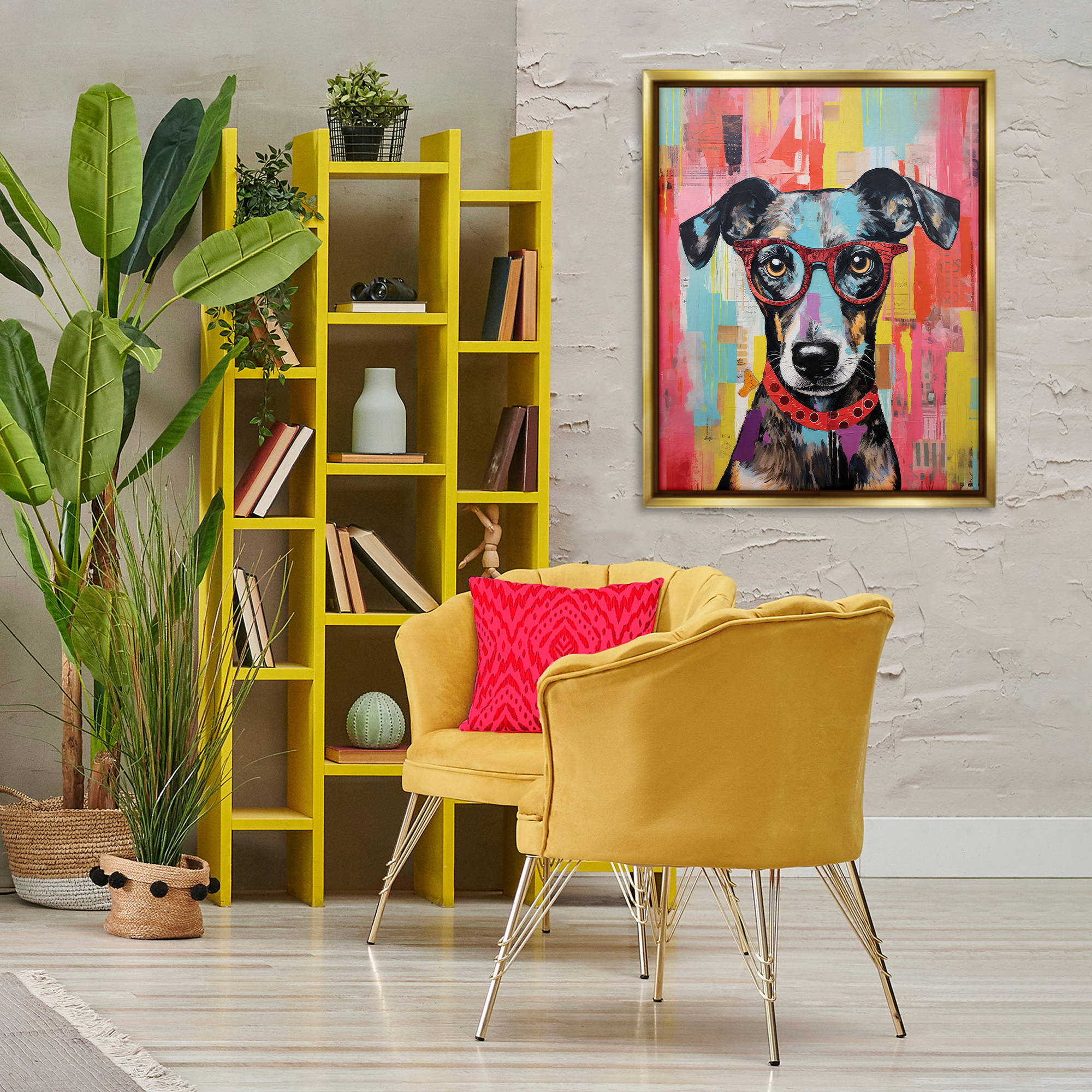 Stupell Industries Quirky Spectacle Dog Animals Painting Gold Floater Framed Canvas Art Print Wall Art, 25 x 31