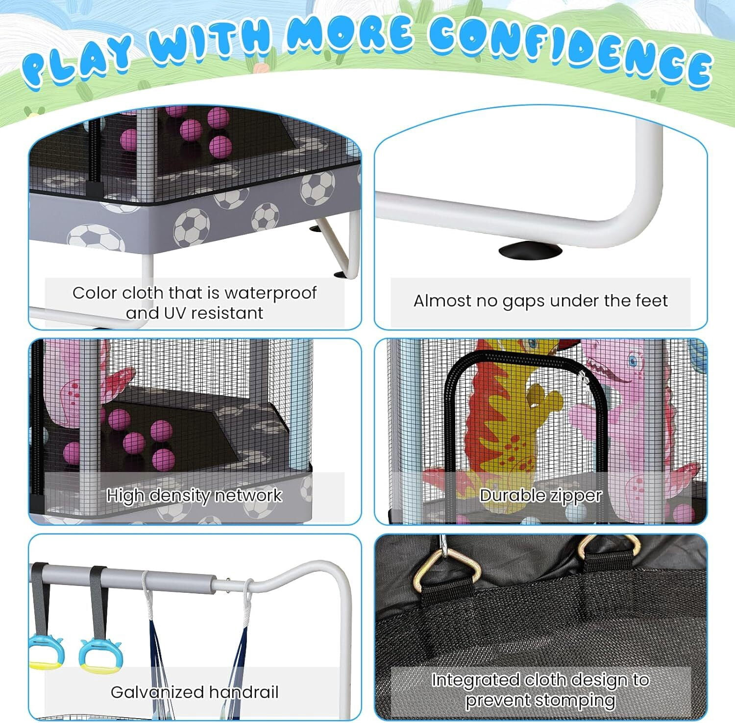 MOOSENG 7-in-1 Kids Trampoline with Safety Enclosure Net, 55" Hexagonal Indoor Outdoor Toddler Trampoline for Ages 1-8, Adjustable Handrail, Basketball Hoop, Gymnastic Rings