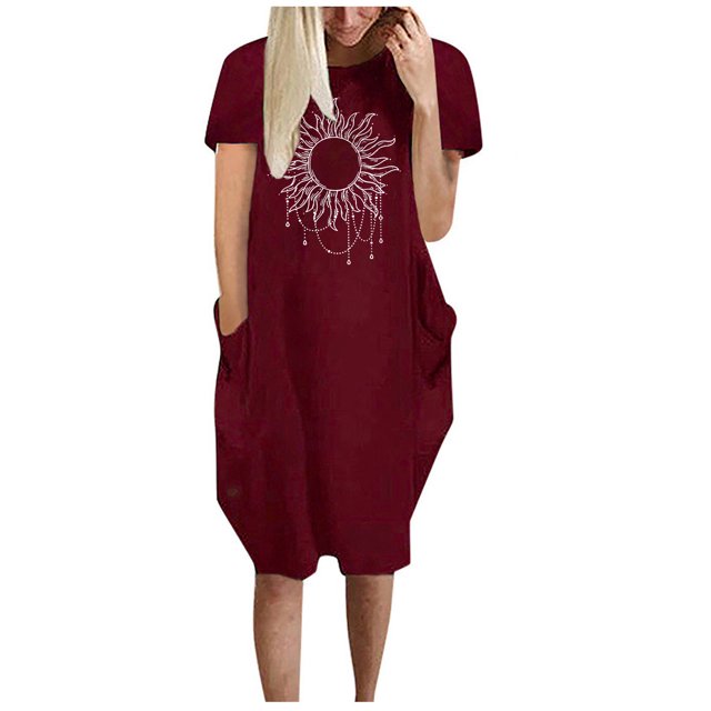 Robes d'Été pour Femmes Manches Courtes Décontractées T-Shirts Robe Imprimée Col Rond Confortable Longueur Genou avec Poches A1