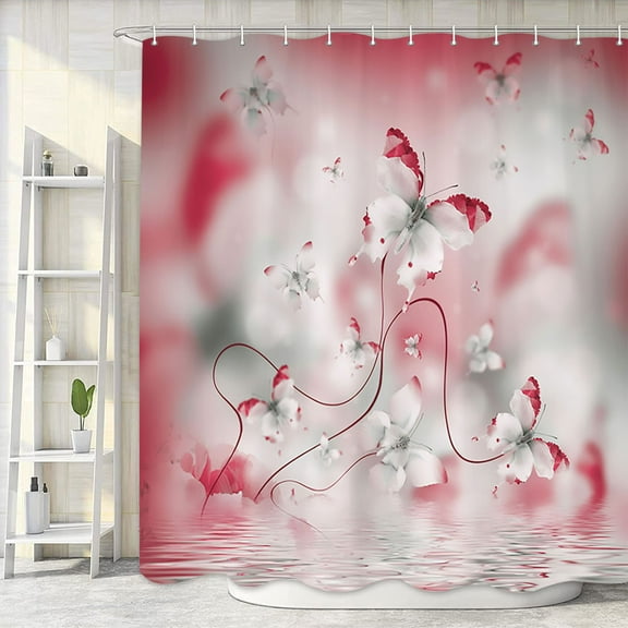 Spring Flowers Butterfly Pink Shower Curtain, Country Nature Farmhouse Garden Floral Design, Botanical Plant Decor Cloth Fabric Bathroom Curtains with Hooks, 69X70in