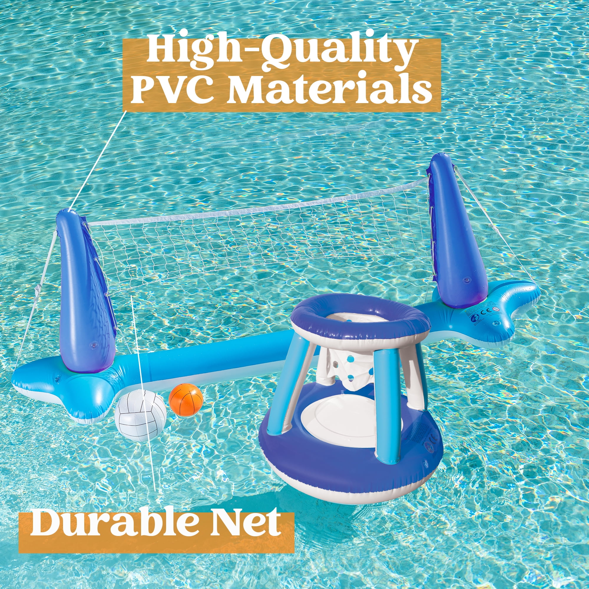 Joyfy Pool Games Set with Pool Volleyball Net & Pool Basketball Hoops, Summer Pool Float for Adults - Dark Blue