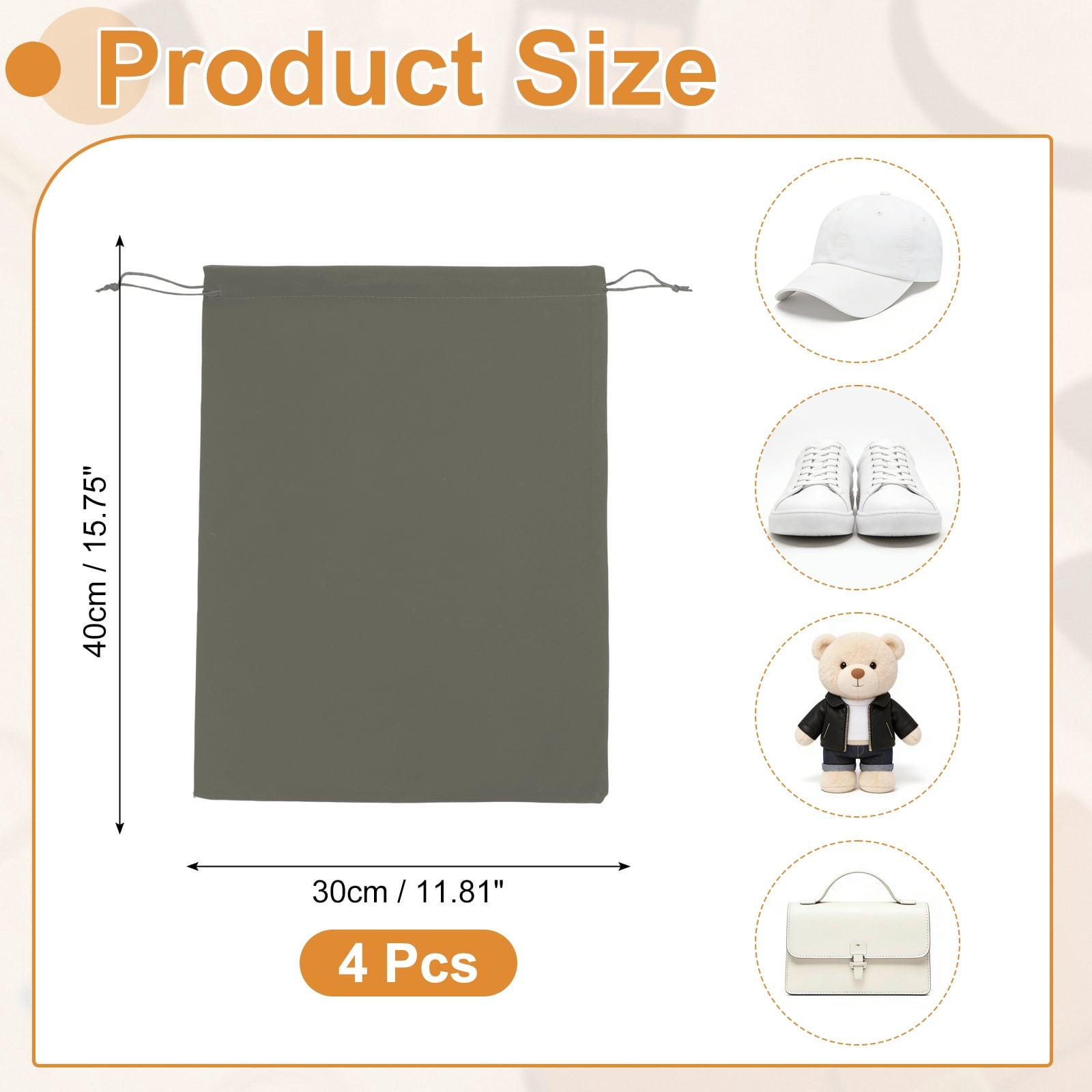 Uxcell Cloth Shoe Bags for Travel, Flannel Pouch with Drawstring Closure Washable Breathable Cotton Fabric, 15.8x11.8" & 4 Pcs & Gray- Fit for (Men Women/Luggage/Storage)