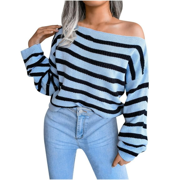 JINMGG 2024 Fall Winter Plus Size Sweaters for Women Clearance,Women Fashion Casual Stripes Casual Loose Long Sleeve Sweater Short