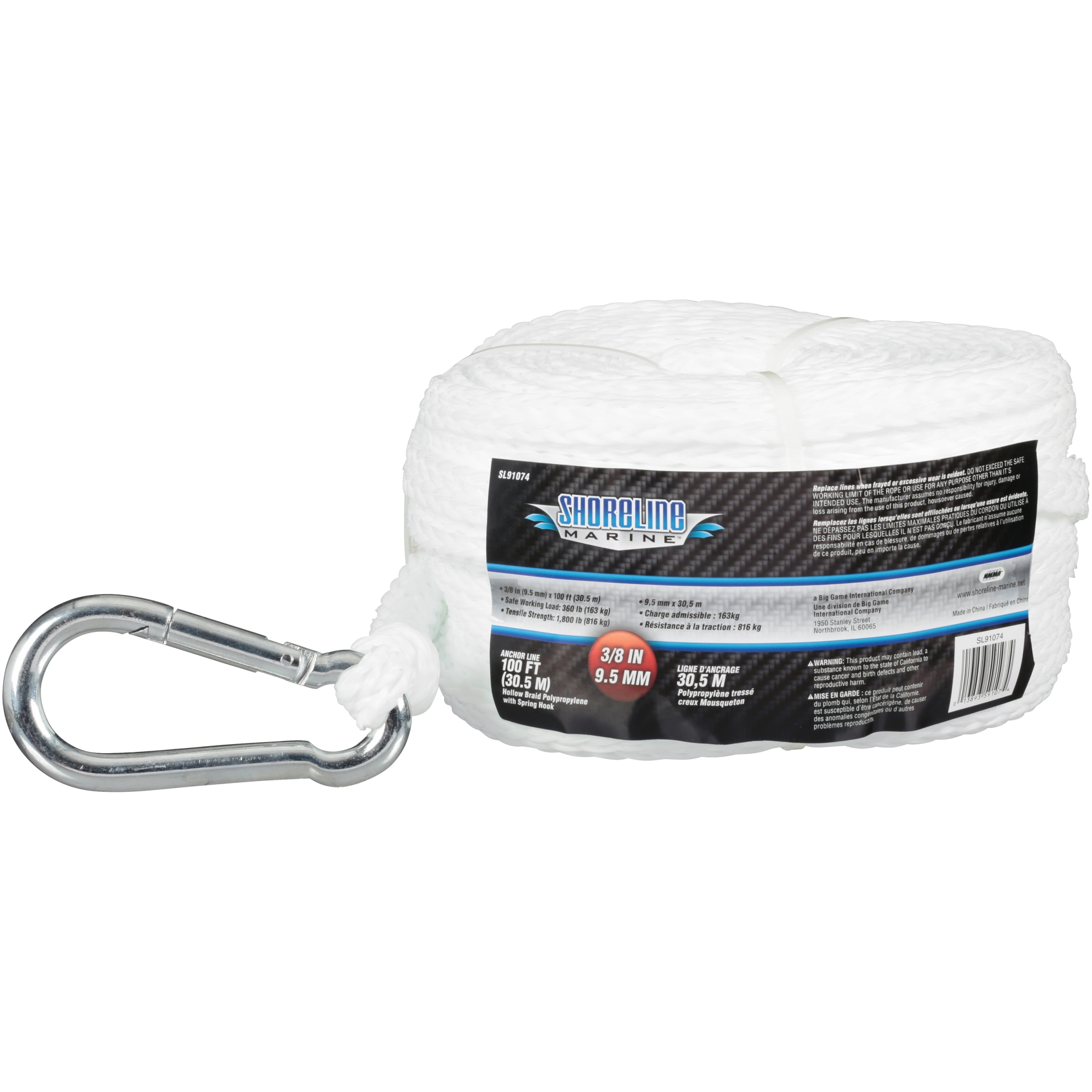attwood 11723-7 Solid Braid MFP Anchor Line with Spring Hook 3//8/" x 50/' White
