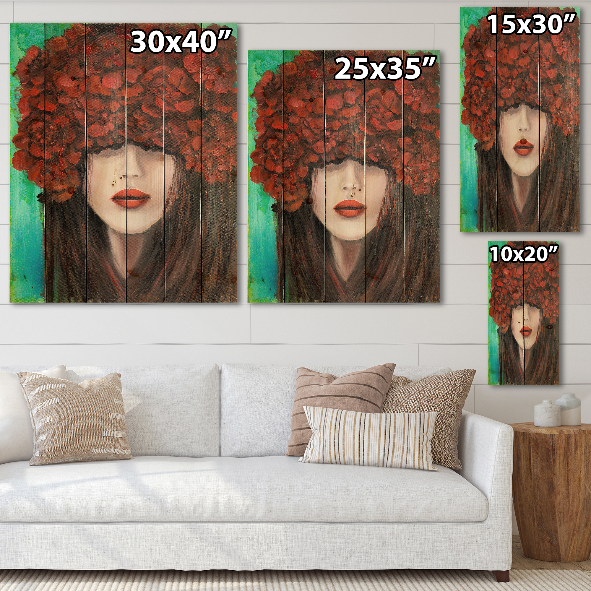 Designart 'Portrait Of A Young Lady With Red Flowers' Modern Print on Natural Pine Wood