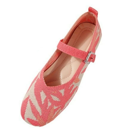 KELINFONG Mary Jane Knit Flats for Women Memory Foam Wide Widths Square Toe Ballet Shoes with Adjustable Strap