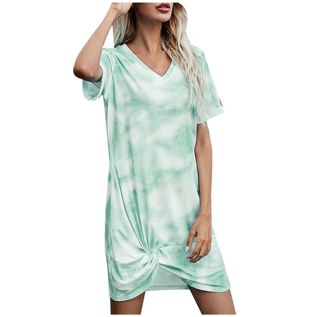 Yuyuzo Robes T-Shirts pour Femmes Manches Courtes Col en V Mini Robe Ourlet Froncé Couleur Dégradée Robes Courtes Décontractées