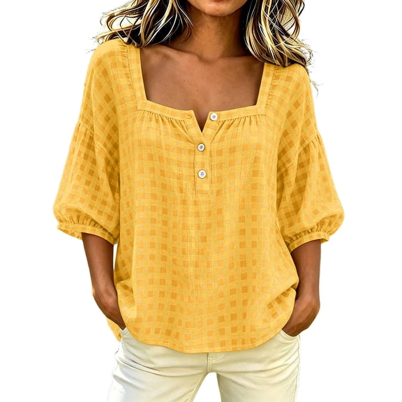 Lenpel Womens Plaid Blouses Button Square Neck 3/4 Puff Sleeve Loose Dressy Shirts Lightweight Comfy Tops Fashion Fall Outfits