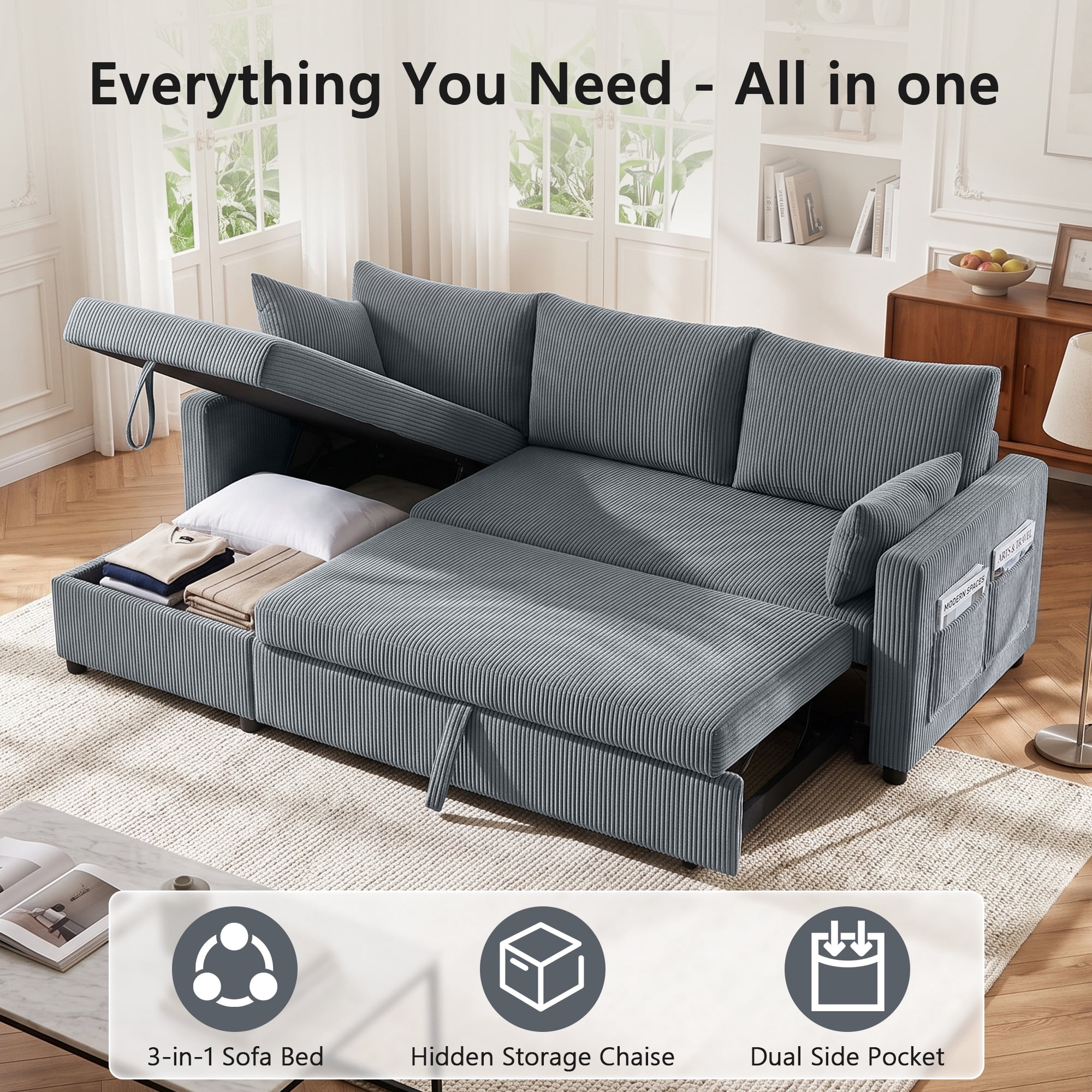 Xiweot Convertible Sectional Sleeper Sofa Bed, 85" L Shaped Couch with Pull Out Bed, Side Pockets & Storage Chaise, Corduroy 3 Seater Sectional Couch for Living Room Apartment (Gray)