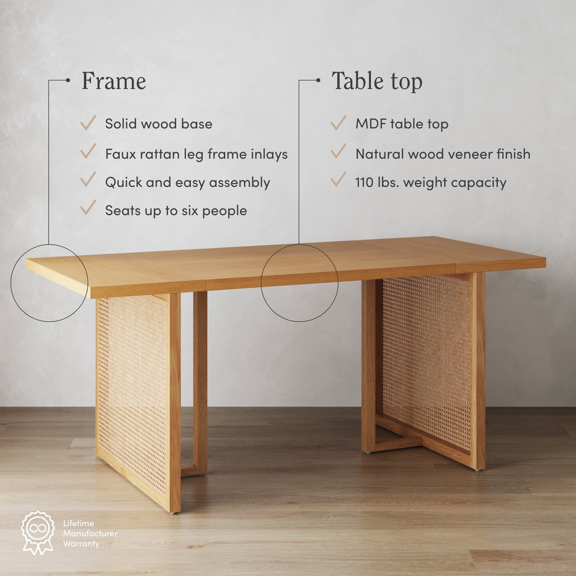 Nathan James Willow Boho Dining Table for 6 with Solid Wood Legs, 6-Person Natural Wood Dining Table, Warm Pine or Brown Dining Table with Bohemian Rattan Accent