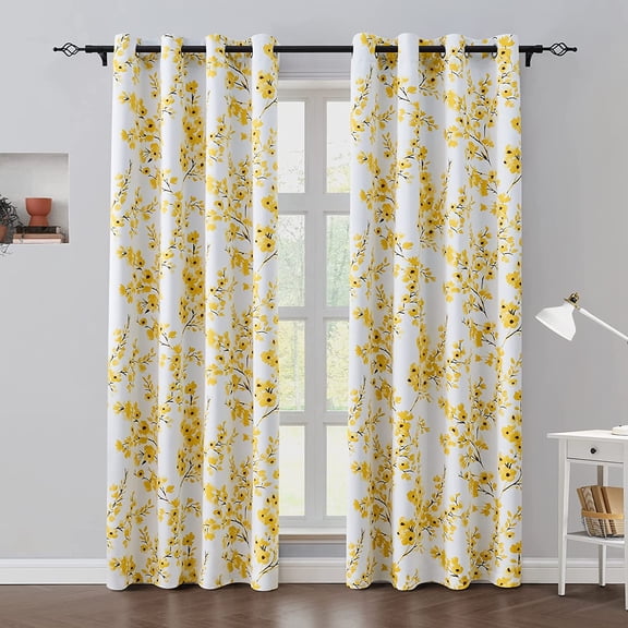 Yellow Floral Blackout Curtains, Long Room Darkening Flower Grommet Drapes for Living Room, Bedroom 26"W x 63"L (Pack of 2)