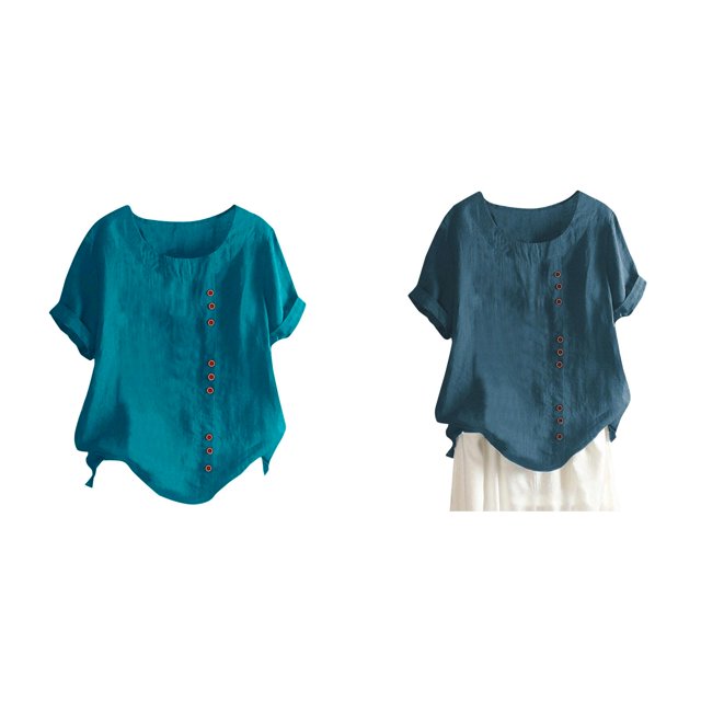 (Lot de 2) Rinsvye T-Shirts à Manches Longues Col Rond Manches Raglan Fente Ample Manches Courtes Décoration Bouton Hauts Décontractés T-Shirt pour Femmes
