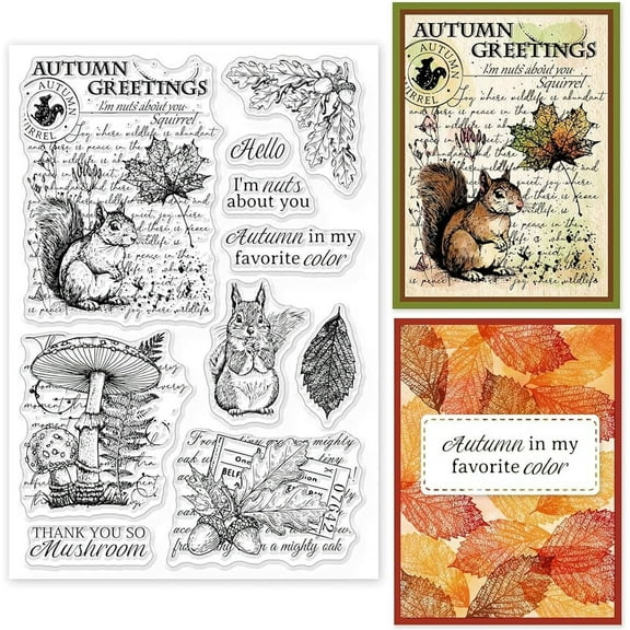 Squirrel Animal Clear Stamp Mushroom Background Maple Leaf Silicone Clear Stamp Autumn Seals for DIY Scrapbooking Journals Decorative Cards Making Photo Album Decorative for DIY