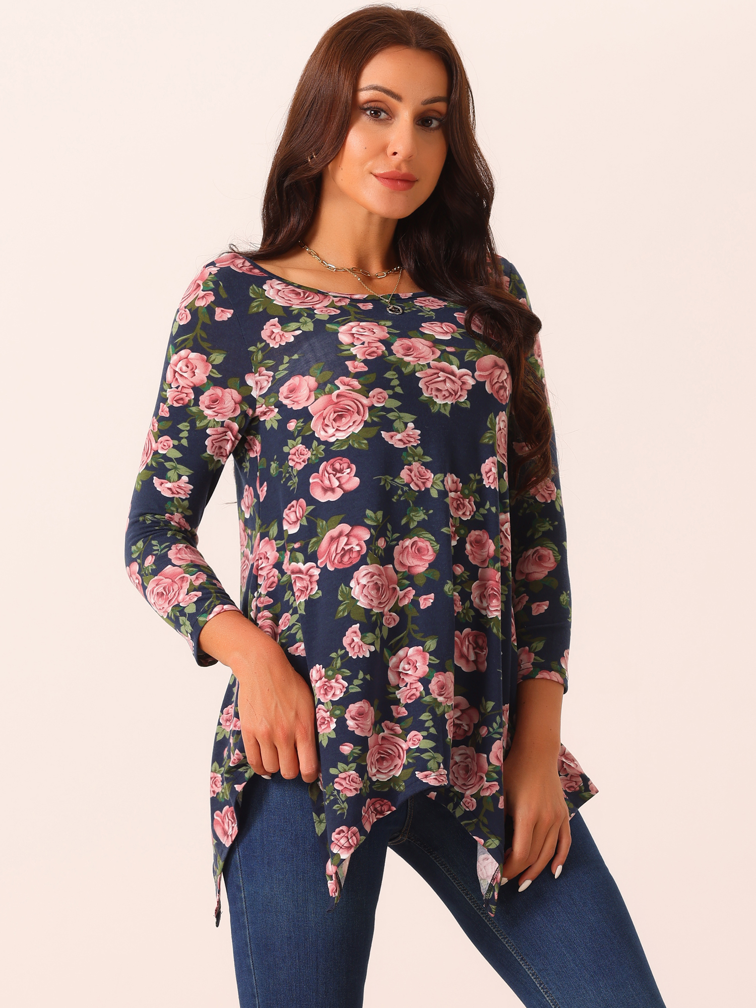 DARING DIVA Women's 3/4 Sleeve Floral Print Loose Fit Asymmetrical Hem Top Navy Blue L