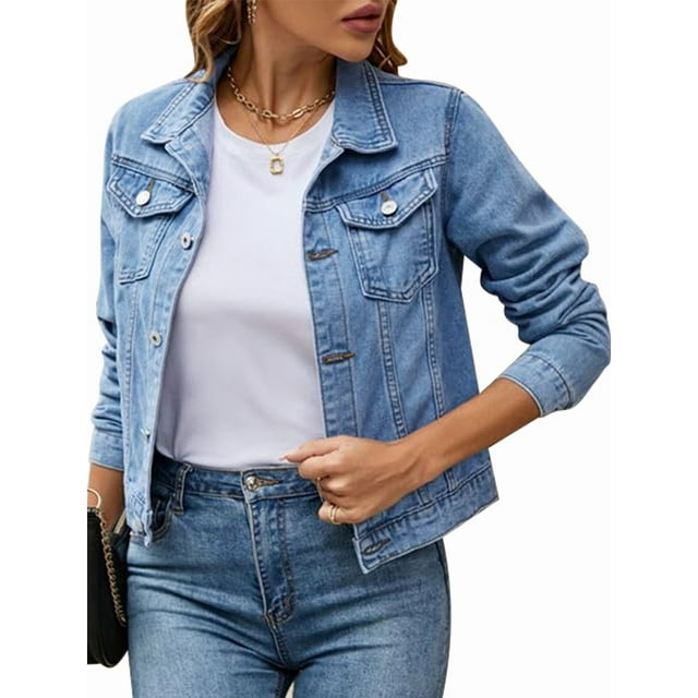 Jean Jackets for Women Basic Long Sleeve Button Down Denim Jacket Cropped Fashion Jean Jacket Light Blue S