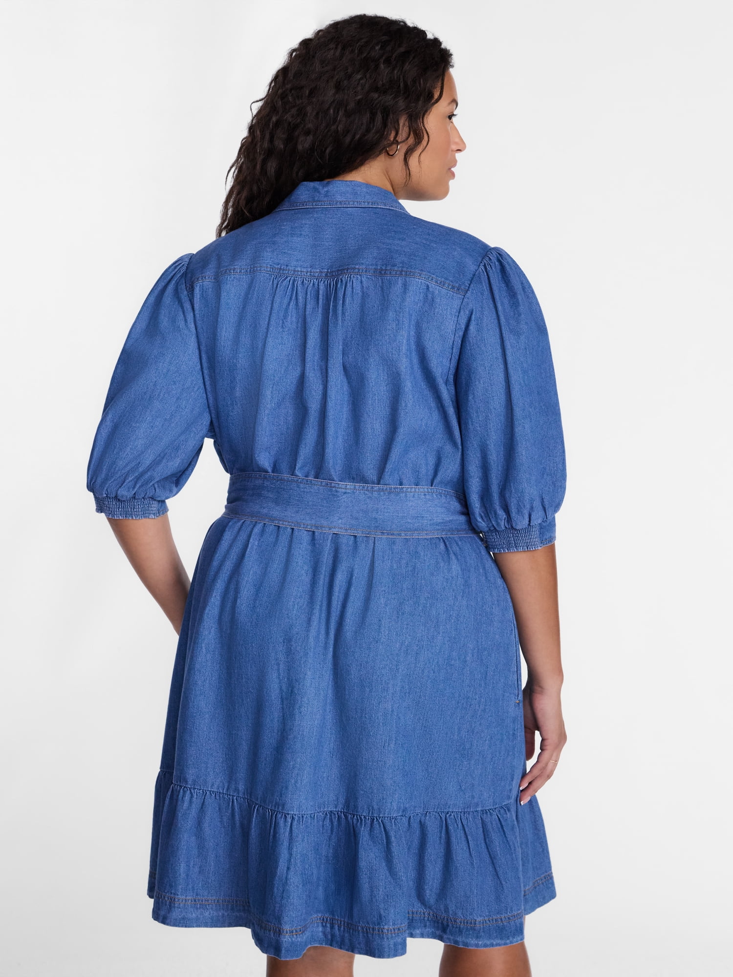 Terra & Sky Denim Belted Mini Shirtdress with Short Puff Sleeves, Sizes 0X-4X