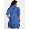 thumbnail image 3 of Terra & Sky Denim Belted Mini Shirtdress with Short Puff Sleeves, Sizes 0X-4X, 3 of 5