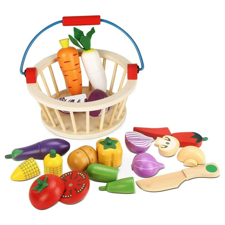 DIPALENT 43 PCs Wooden Cut Food Toys for Kids, Cutting Fruits and  Vegetables Set ,Wooden Play Food for Toddlers and Kids Ages 3+,Educational  Gift for