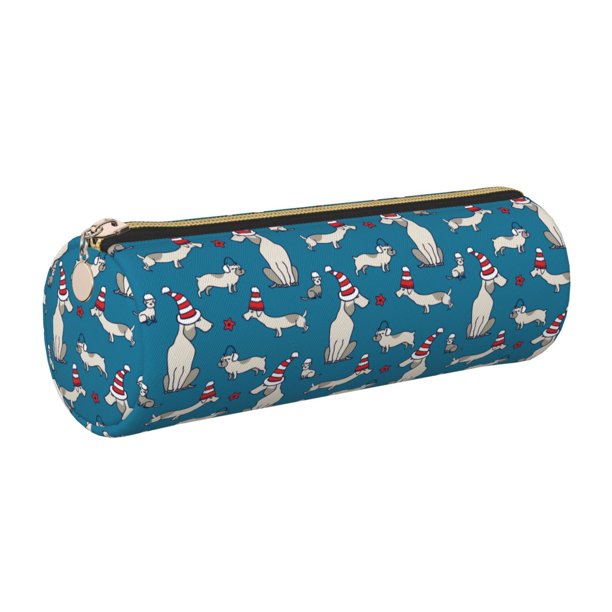 Disketp Festive Dachshund Fun Estuche Organizador de Lápices de Cuero, Estuche de Oficina con Cremallera para Bolígrafo y Lápiz