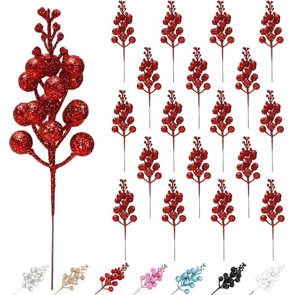 18 Pack Christmas Tree Decorations, Christmas Tree Picks, 8 Inches Christmas Artificial Glitter Berries Stems, Silver Tree Stems for Christmas Tree Topper, Filler, Wreath, Ornaments