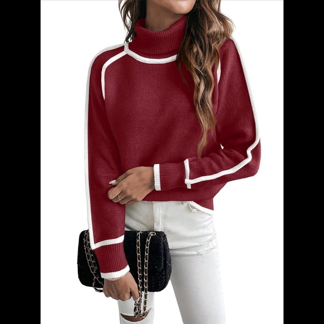 Suéteres de Otoño para Mujer, Modernos, Bonitos y Acogedores, de Cuello Alto, de Larga y Punto con Bloques de Color. Rojo XL