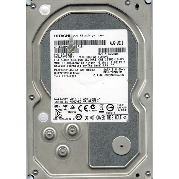 Hitachi HUA723030ALA640 P/N: 0F15328 MLC: MRK5V0 3TB