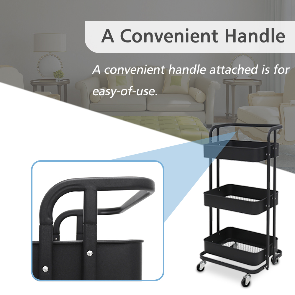 3 Tier Foldable Rolling Utility Cart-Black