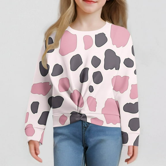 MKOSPLRT Crop Pullover Tops for Girl Long Sleeve Cow Graphic Sweat Shirts Round Neck Twist Front T Shirts Color Block Blouses Tees
