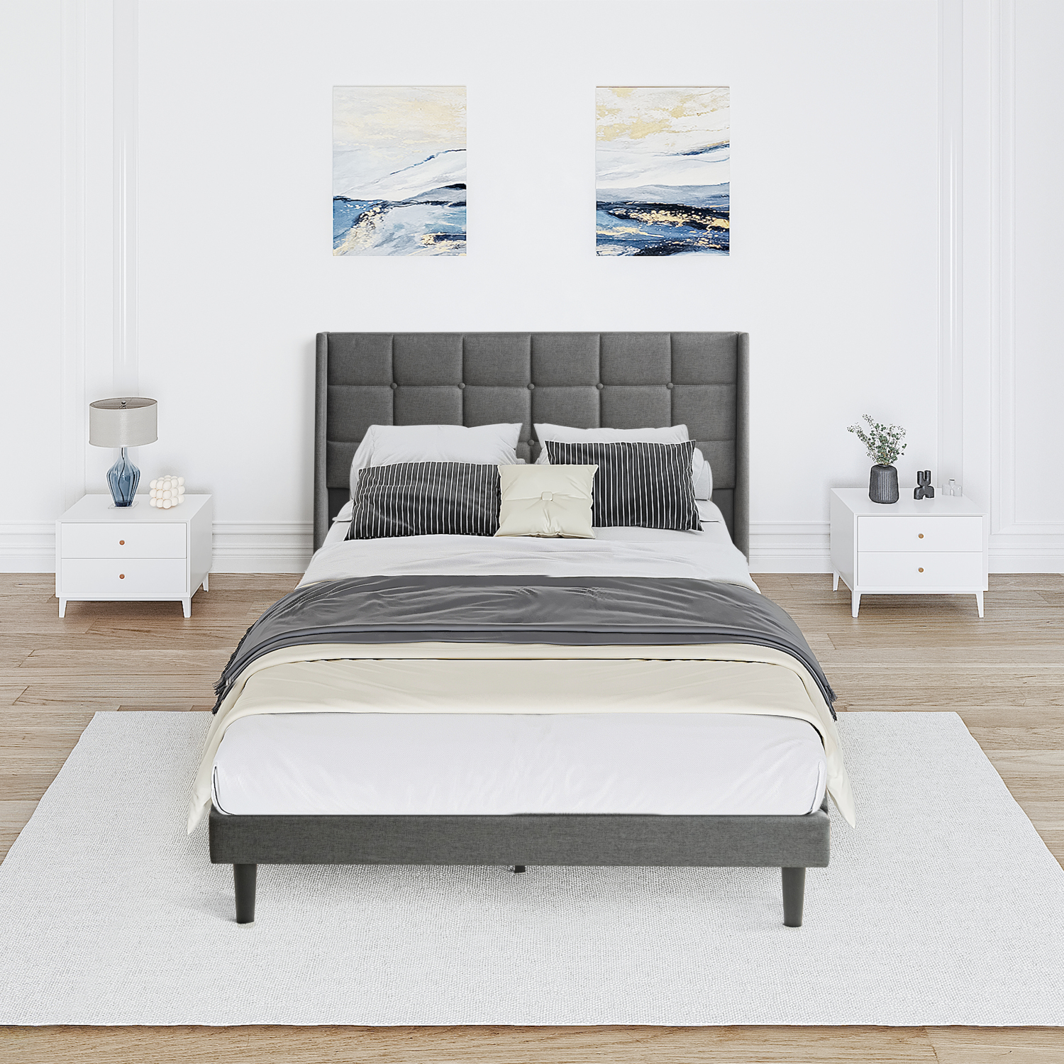 Queen Size Upholstered Platform Bed Frame with Modern Button Tufted Linen Headboard