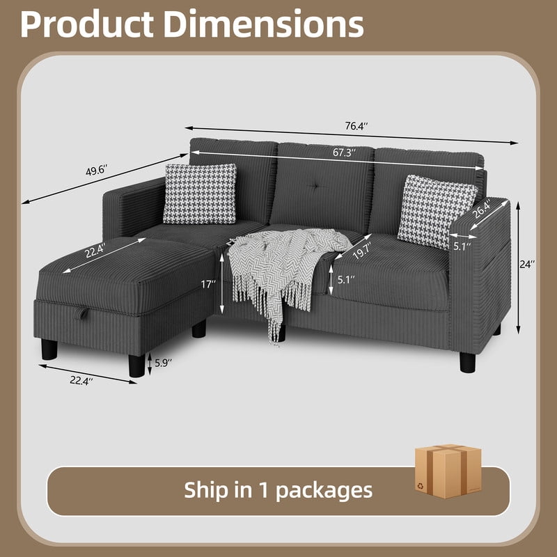 Walsunny 76.4" Convertible Sectional Sofa, L Shaped Sectional Sofa with Side Pocket, 3 Seat Sofa Couch with Storage Ottoman for Small Living Room, Apartment, Bedroom, Dark Gray