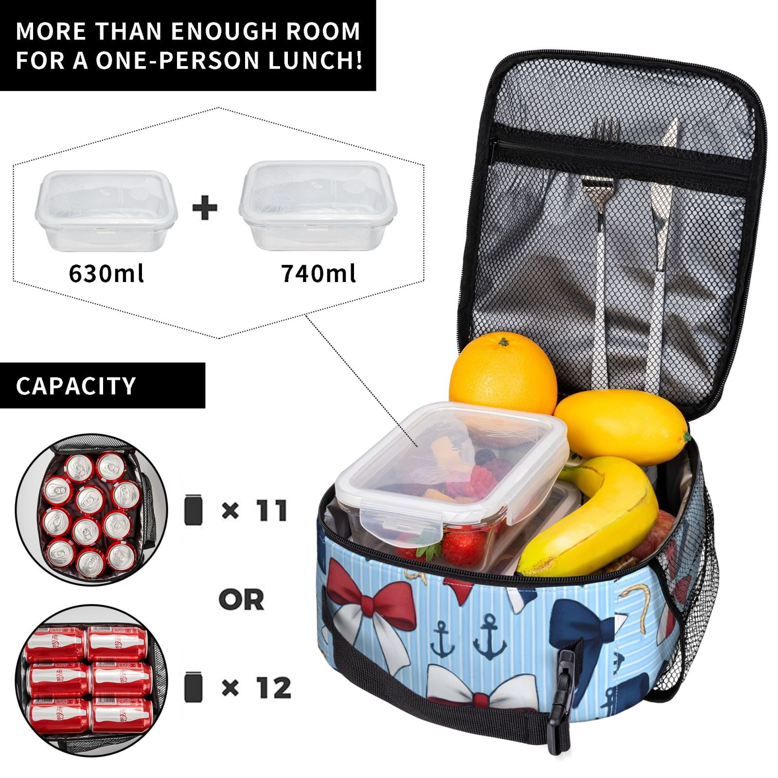 Lunch Bag For Women Men Insulated Portable Lunch Box Bento Box Office Picnic Travel Cooler Bag Nautical Theme Ribbon Bow Pattern